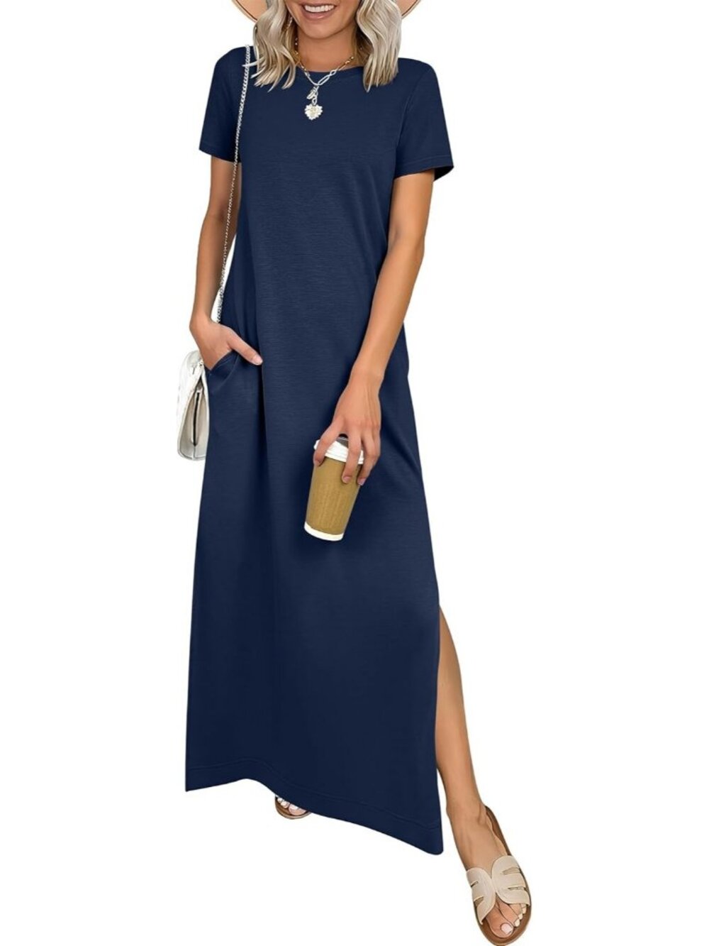 Women's Navy Blue Crewneck Summer Casual Maxi Short Sleeve Split Long Dress